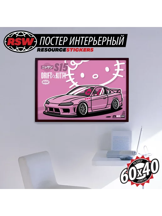 Resource Stickers Постер Nissan Silvia S15 Hello Kitty, 60X40