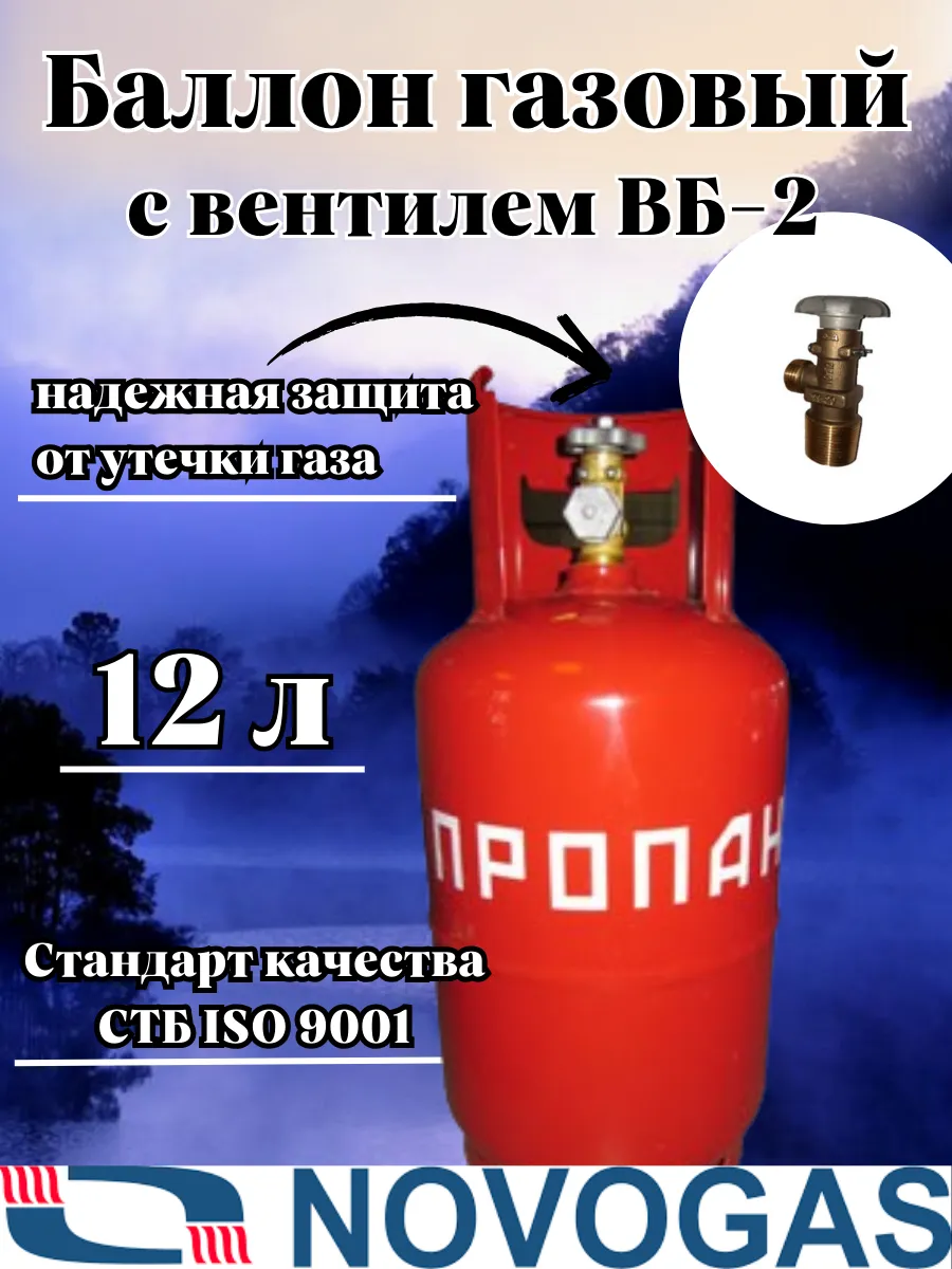 Novogas Баллон газовый пропановый 12л с вентилем, без газа ВБ-2