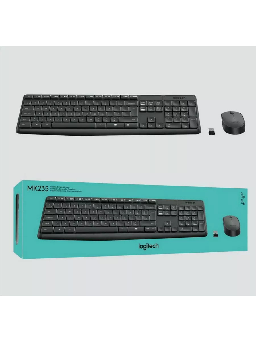 Logitech Комплект клавиатура + мышь MK235, серый, QWERTY