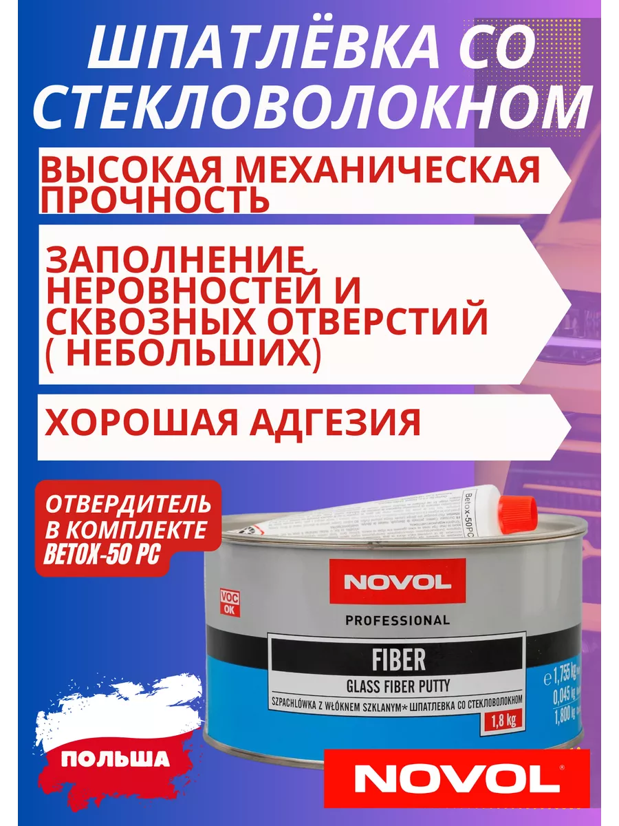 NOVOL Шпатлевка автомобильная Fiber со стекловолокном 1,8кг